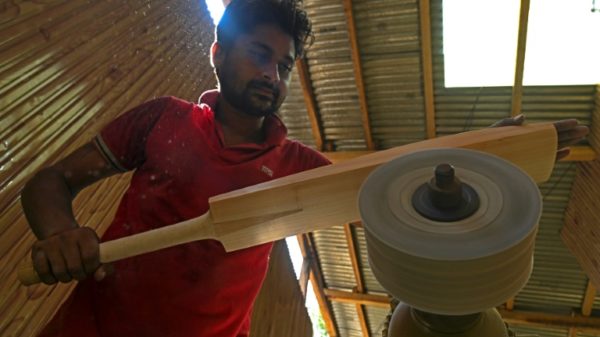 A worker crafts a Kashmiri willow wood cricket bat at a factory in Kashmir's Sangam village, on August 19, 2023