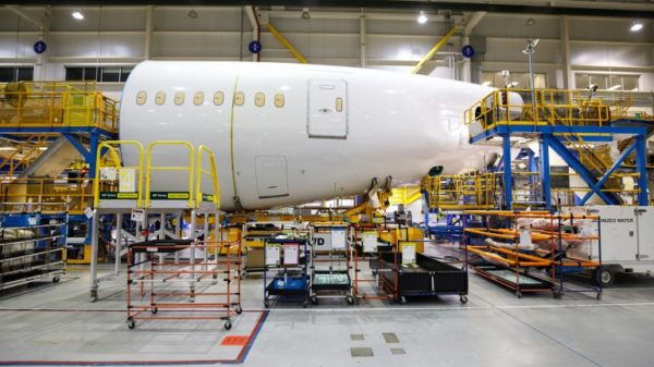 The factory floor at Boeing's North Charleston, South Carolina, manufacturing facility for the 787 Dreamliner