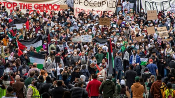 Pro-Palestinian demonstrators at Harvard on October 14, 2023