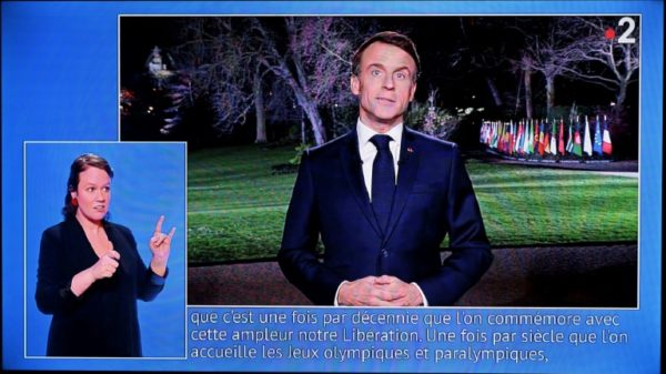 Macron spoke from the gardens of the Elysee Palace, with the flags of the Olympic nations behind him