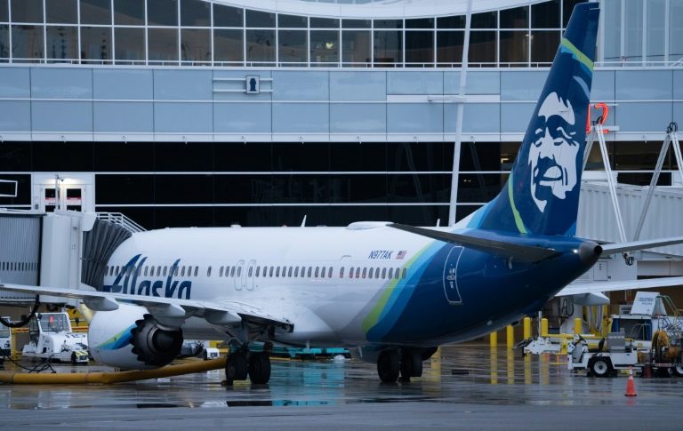 An Alaska Airlines Boeing 737 MAX 9 plane sits at a gate at Seattle-Tacoma International Airport in Seattle, Washington