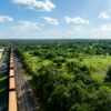 An aerial view of a freight train in the US state of Texas in April