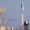 Blue Origin’s New Shepard lifts off from the launch pad carrying 90-year-old Star Trek actor William Shatner and three other civilians on October 13, 2021 near Van Horn, Texas