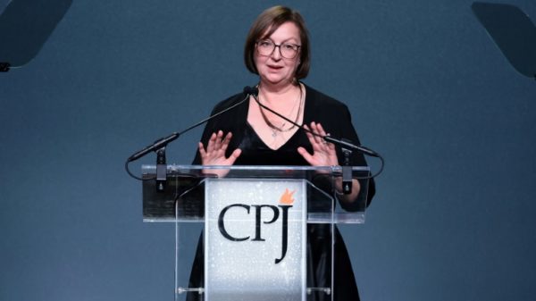 Russian journalist Galina Timchenko speaks at the Committee to Protect Journalists (CPJ) Interntational Press Freedom Awards, on November 17, 2022, in New York