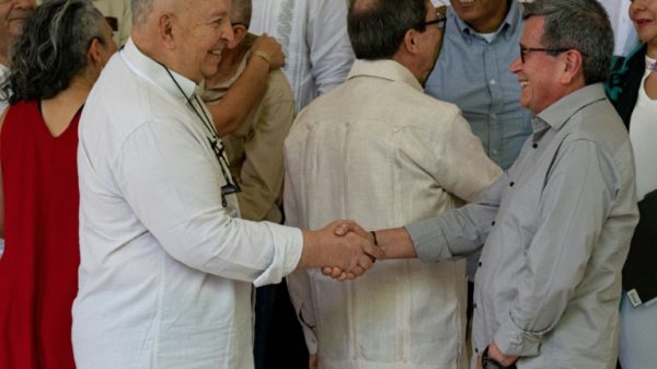 Chief Negotiator of the Government of Colombia Jose Otty Patino (L) and Colombia's National Liberation Army (ELN) guerrilla commander Pablo Beltran shake hands during peace talks in Havana