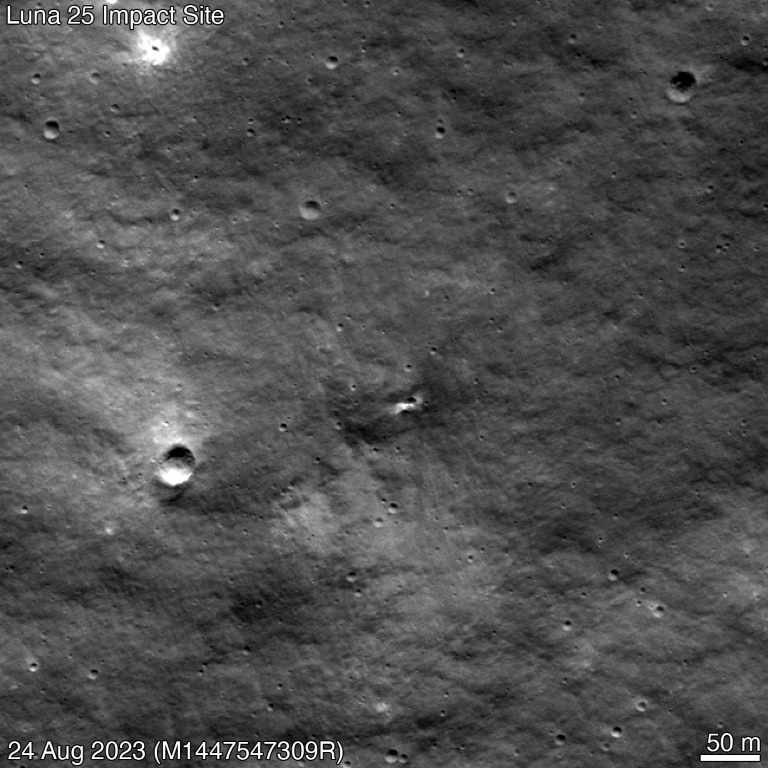 NASA's Lunar Reconnaissance Orbiter spotted a small new crater on the Moon that is the probable impact point of Russia's Luna-25 probe