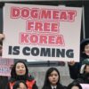 Animal rights activists hold placards during a rally welcoming a bill banning dog meat trade at the National Assembly in Seoul