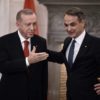 President Recep Tayyip Erdogan, left, and Greek Prime Minister Kyriakos Mitsotakis during the Turkish president's first Athens trip since 2017