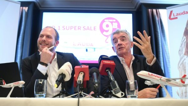 The heads of low-cost airlines Lauda and Ryanair promoting their summer 2020 Austria routes, which included fares as low as 9.99 euros