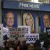 Protestors outside Fox News, which is being sued for $1.6 billion by Dominion Voting Systems