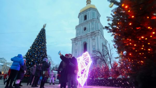 Christmas trees and decorations outside Saint Sophia's Cathedral this year in Kyiv