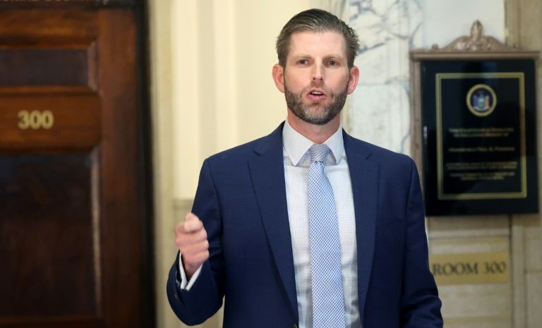 Eric Trump, executive vice president of the Trump Organization, speaks to reporters after testifying in the civil fraud case against the family business empire