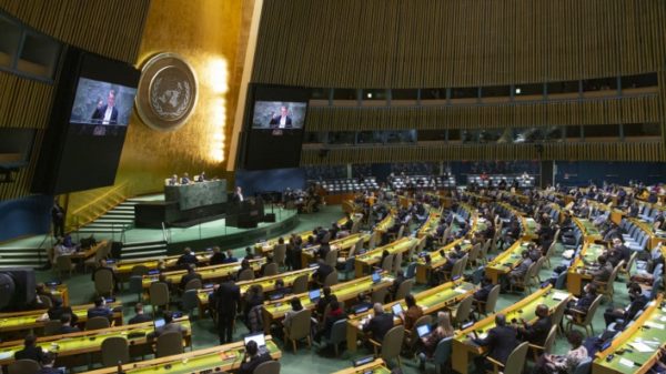 Permanent Representative of Ukraine to the United Nations Sergiy Kyslytsya speaks on the Russia-Ukraine conflict at the General Assembly emergency special session in New York, on February 28, 2022