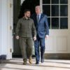 US President Joe Biden and Ukrainian President Volodymyr Zelensky are seen at the White House in Washington, DC, on September 21, 2023