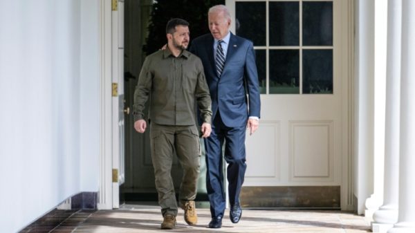 US President Joe Biden and Ukrainian President Volodymyr Zelensky are seen at the White House in Washington, DC, on September 21, 2023