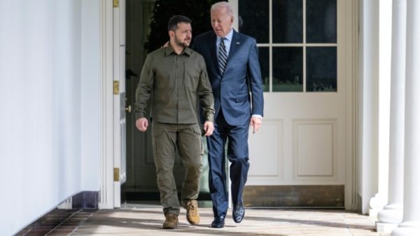 US President Joe Biden and Ukrainian President Volodymyr Zelensky are seen at the White House in Washington, DC, on September 21, 2023