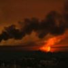 Smoke billowing over Khan Yunis in the southern Gaza Strip during Israeli bombardment