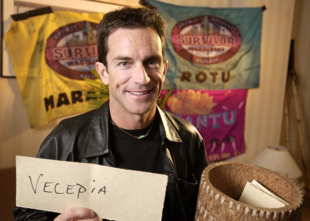 Jeff Probst with "Survivor: Marquesas" props and memorabilia.