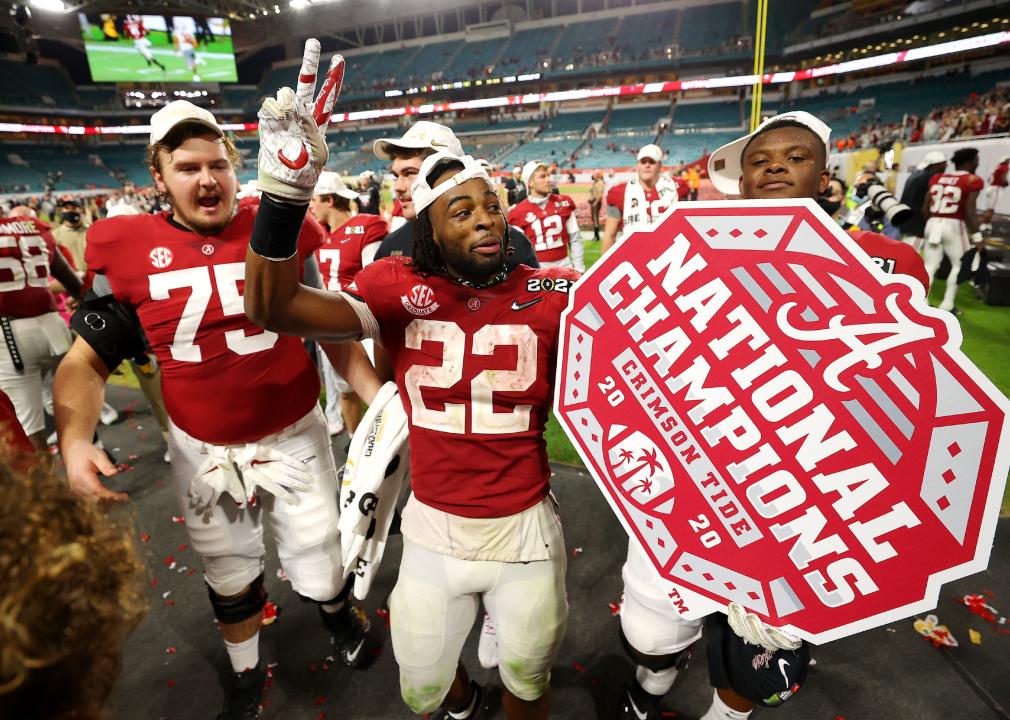 Najee Harris of the Alabama Crimson Tide celebrates following the National Championship game.