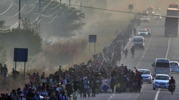US-bound migrants walk in a caravan in Mexico's southern state of Chiapas on January 8, 2024