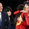 Gianni Infantino watches as Spain's Queen Letizia embraces Spain's Salma Paralluelo after the World Cup final