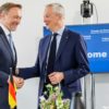 German Finance Minister Christian Lindner (L) and French counterpart Bruno Le Maire chat prior to a meeting in June 2023