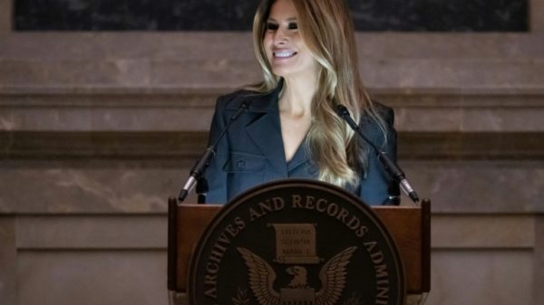 Former US first lady Melania Trump speaks during a naturalization ceremony at the National Archives building in Washington on December 15, 2023