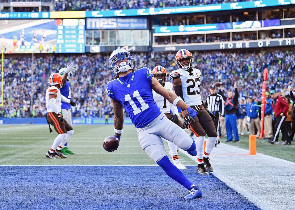 Jaxon Smith-Njigba of the Seattle Seahawks scores a touchdown during the fourth quarter of a game against the Cleveland Browns at Lumen Field on Oct. 29, 2023 in Seattle, Washington.