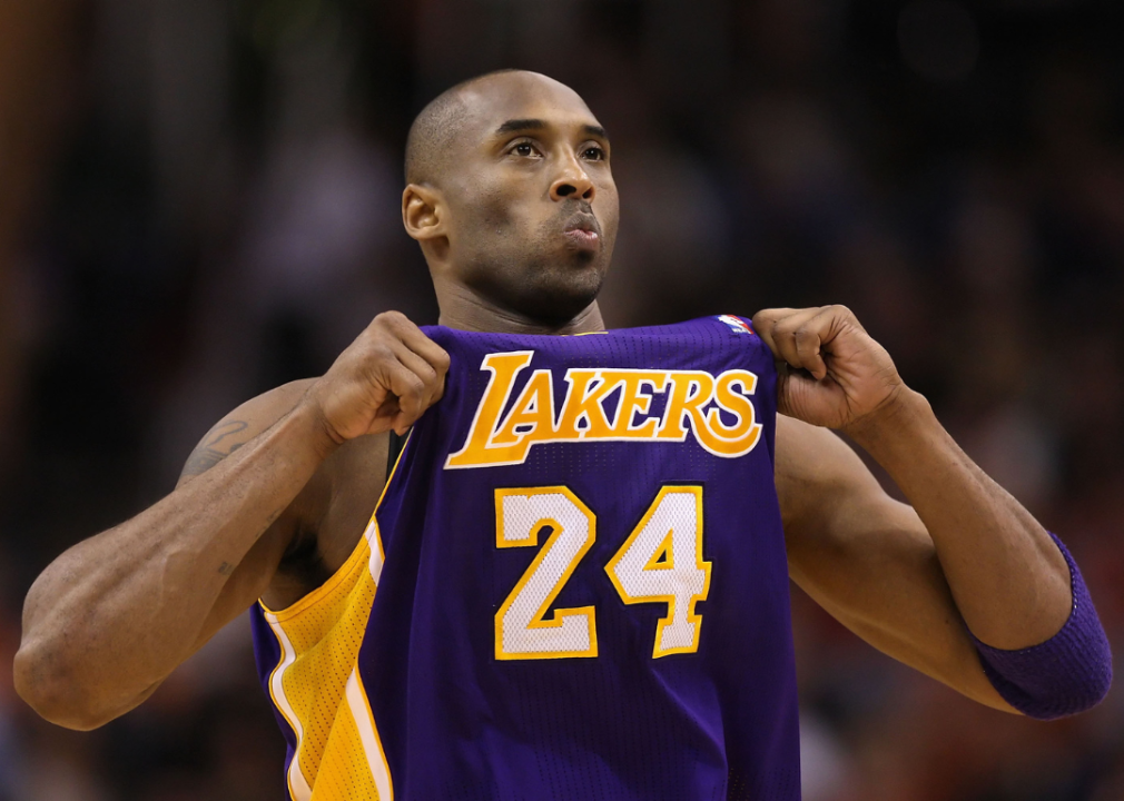 Kobe Bryant of the Los Angeles Lakers adjusts his jersey.